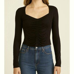 Free People Women’s Ruched Front Long Sleeve Top Sz Small Black Sultry Romantic